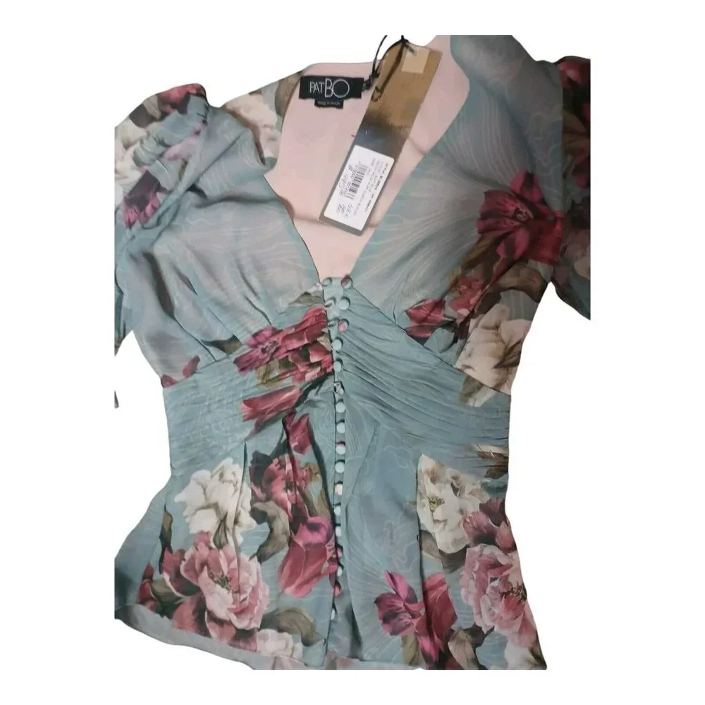 PatBO $495 Silk Peony Print Puff Sleeve Blouse Sz 34/2 NWT - Picture 2 of 5